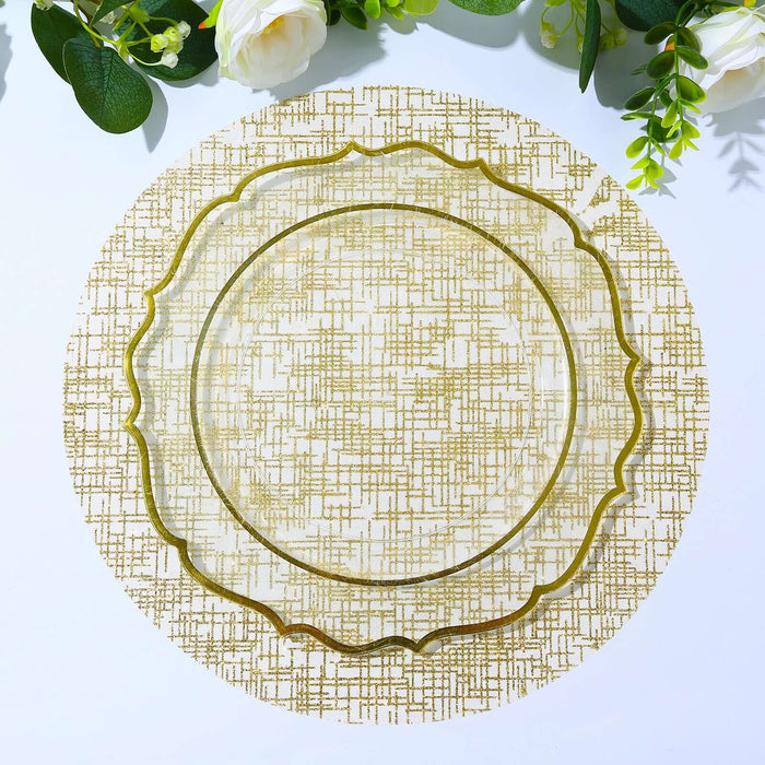 Gold decorative plate on a patterned table setting.