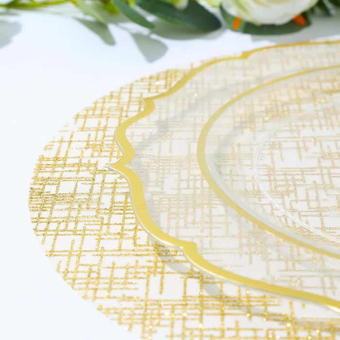 Gold patterned charger plate on a white background.