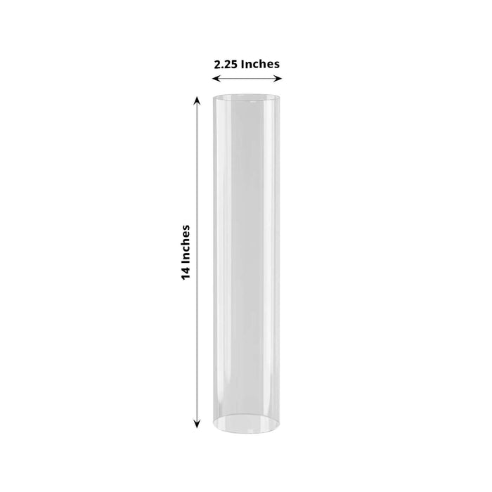 Clear plastic tube, 2.25 inches wide by 14 inches tall.