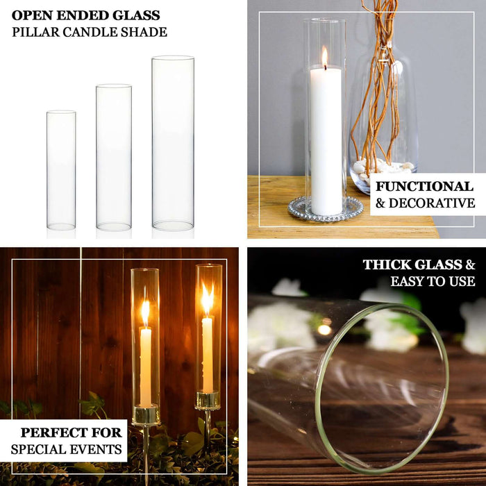 Open-ended glass pillar candle shades in three sizes, functional and decorative.
