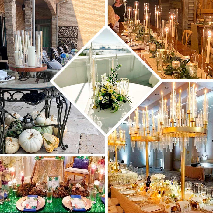 Elegant wedding decor featuring candles, floral arrangements, and festive table settings.