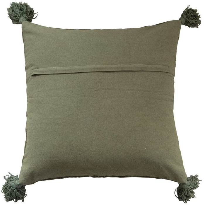 20" Square Quilted Cotton Velvet Pillow with Kantha Stitch & Tassels, Green - Chapin Furniture