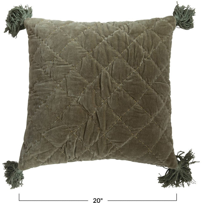 20" Square Quilted Cotton Velvet Pillow with Kantha Stitch & Tassels, Green - Chapin Furniture