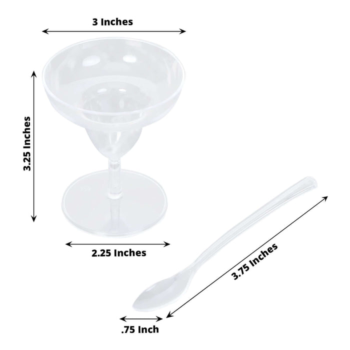 Clear plastic dessert cup and spoon set with dimensions.