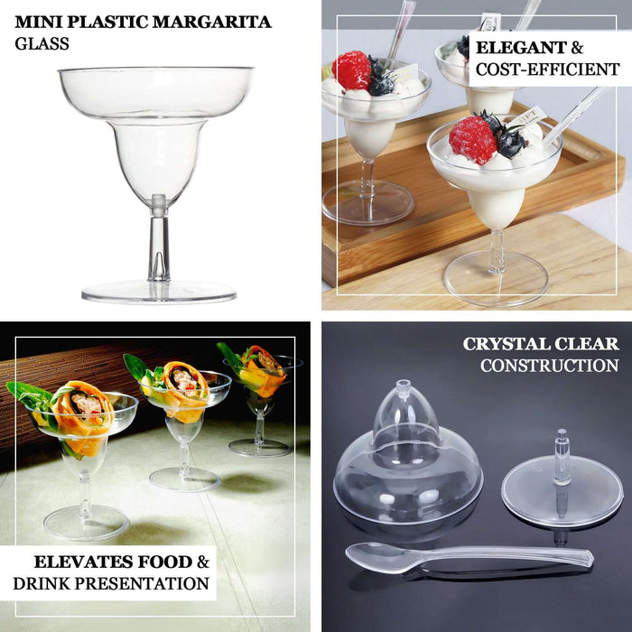 Mini plastic margarita glass elevates food presentation and is cost-efficient.
