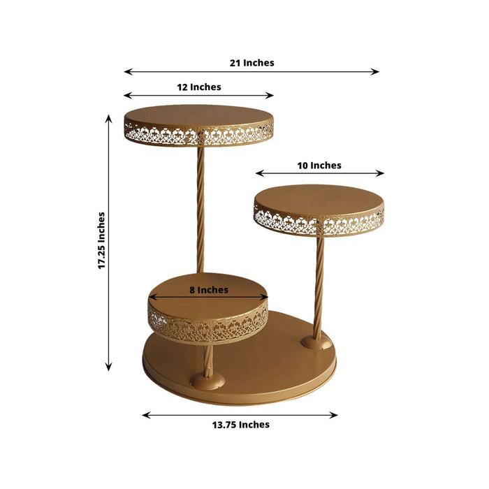 Gold three-tiered dessert stand with decorative edges, dimensions labeled.