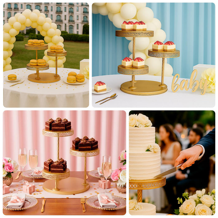 Elegant dessert stands with assorted treats for celebration.