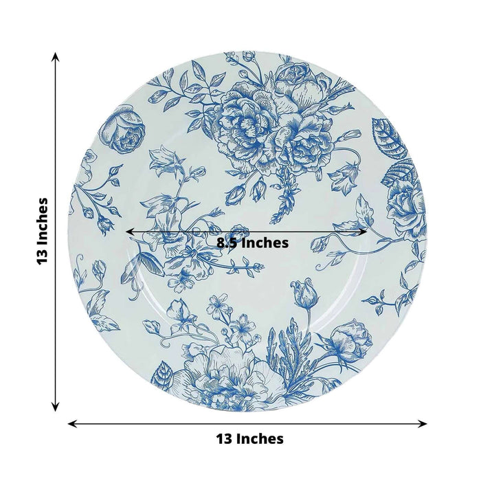 Blue floral design plate, 13 inches diameter, 8.5 inches inner diameter.