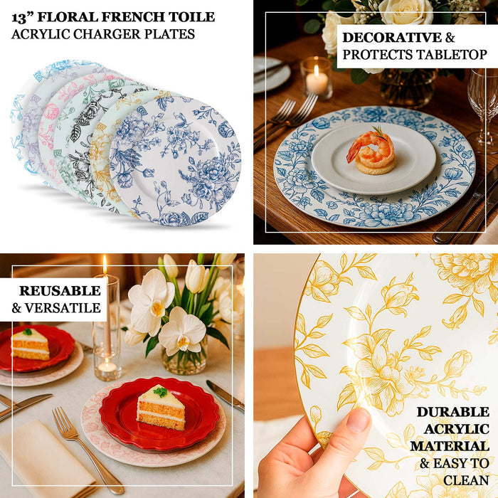 Floral French toile acrylic charger plates in various colors, reusable and versatile.