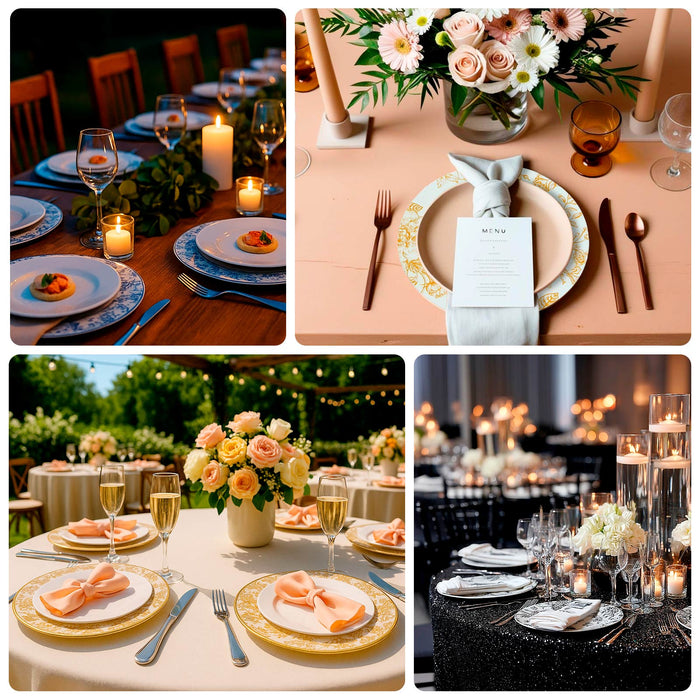 Elegant table settings with floral centerpieces and candlelight for special occasions.