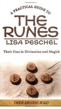 Book cover of 'A Practical Guide to the Runes' by Lisa Peschel with rune stones on a fabric background. Raven's Cauldron, 6 N. Sandusky St., Delaware, OH 43015