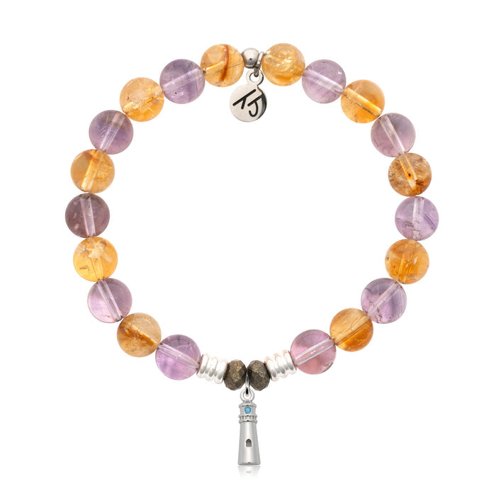 Amethyst Citrine Gemstone Bracelet with Lighthouse Sterling Silver Charm