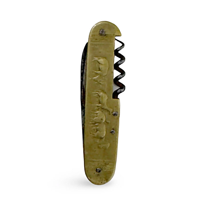 Pocket knife with olive handle, side profile showing corkscrew