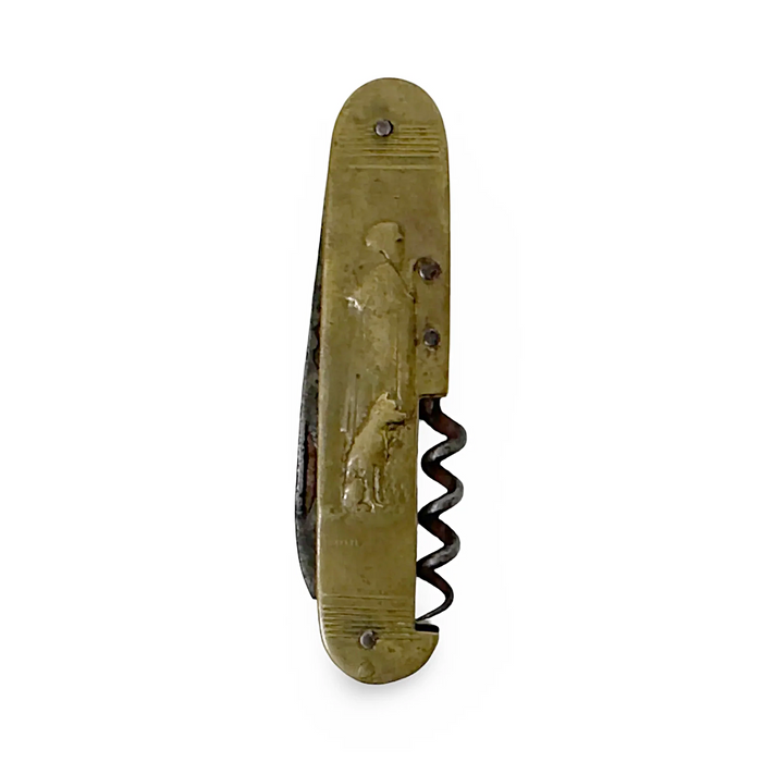 Pocket knife with olive handle, visible blade edge and corkscrew bit