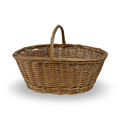 Woven wicker basket with arched handle, natural brown, shallow oval shape