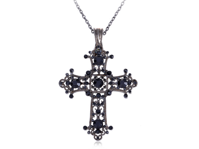 Black Detail Flower Flourish Carved Cross Pendant Necklace