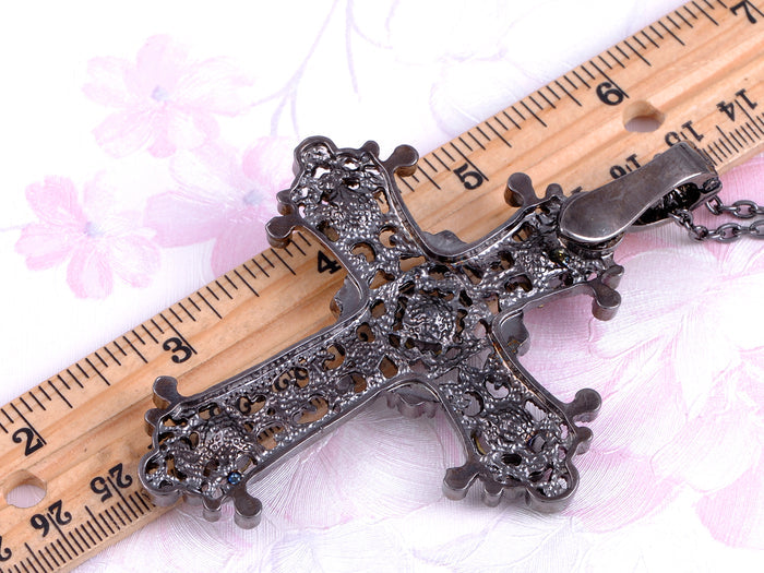 Black Detail Flower Flourish Carved Cross Pendant Necklace