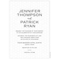 a white paper invitation with light gold modern interlocking geometric background design and block lettering