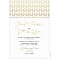 White invitation with gold linked pattern on the top of the invitation. Gold script font and black block font centered on the card.