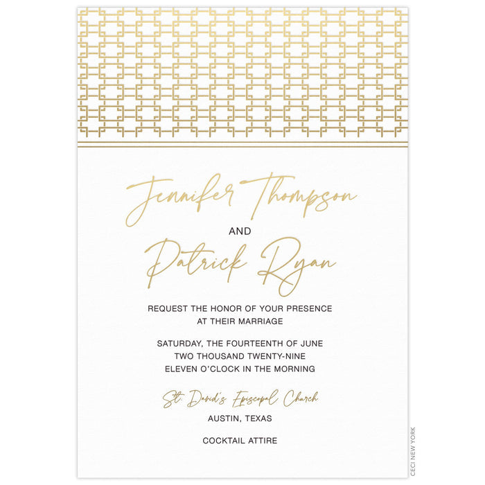 White invitation with gold linked pattern on the top of the invitation. Gold script font and black block font centered on the card.