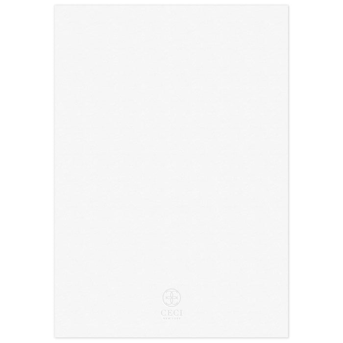 White blank back of an invitation with a gray Ceci New York circle logo at the bottom.