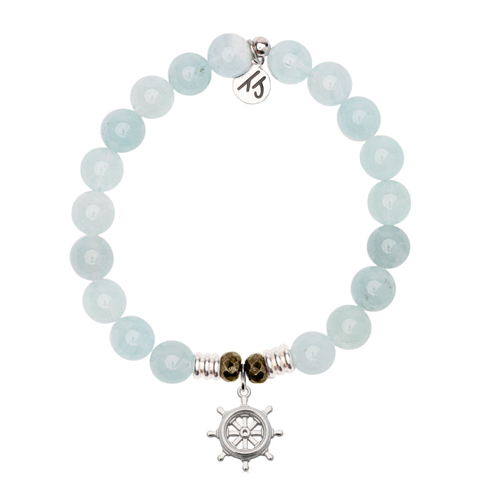 Blue Aquamarine Gemstone Bracelet with Captain Wheel Sterling Silver Charm