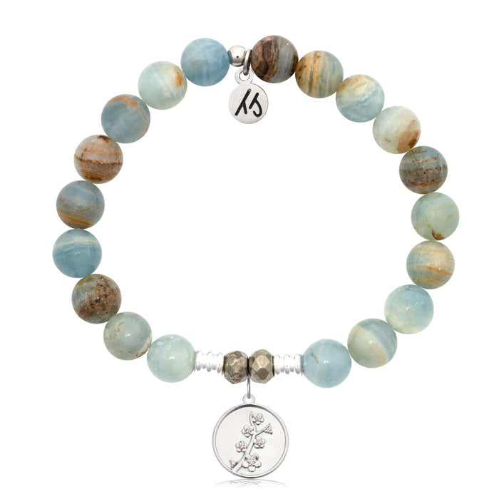 Blue Calcite Gemstone Bracelet with Cherry Blossom Sterling Silver Charm
