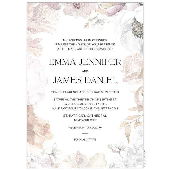 White invitation with blush, ivory, cream, tan watercolor flowers on the border. Black block text centered on the invitation.