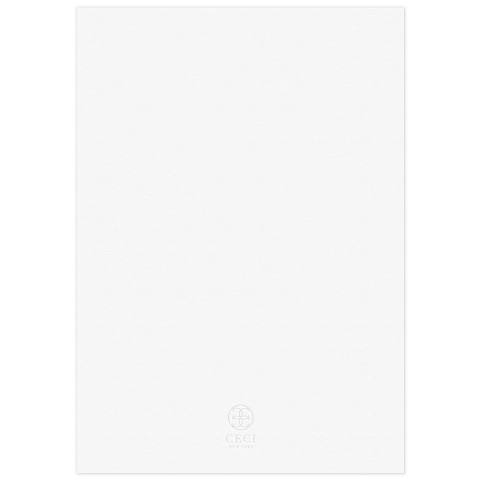White blank back of an invitation with a gray Ceci New York circle logo at the bottom.