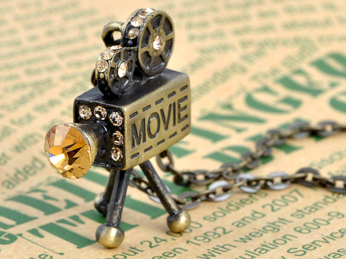 Brass Vintage Old School Movie Film Reel Projector Pendant Necklace - ALILANG.COM