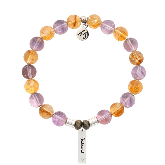 Bridal Collection: Amethyst Citrine Gemstone Bracelet with Bridesmaid Sterling Silver Charm Bar