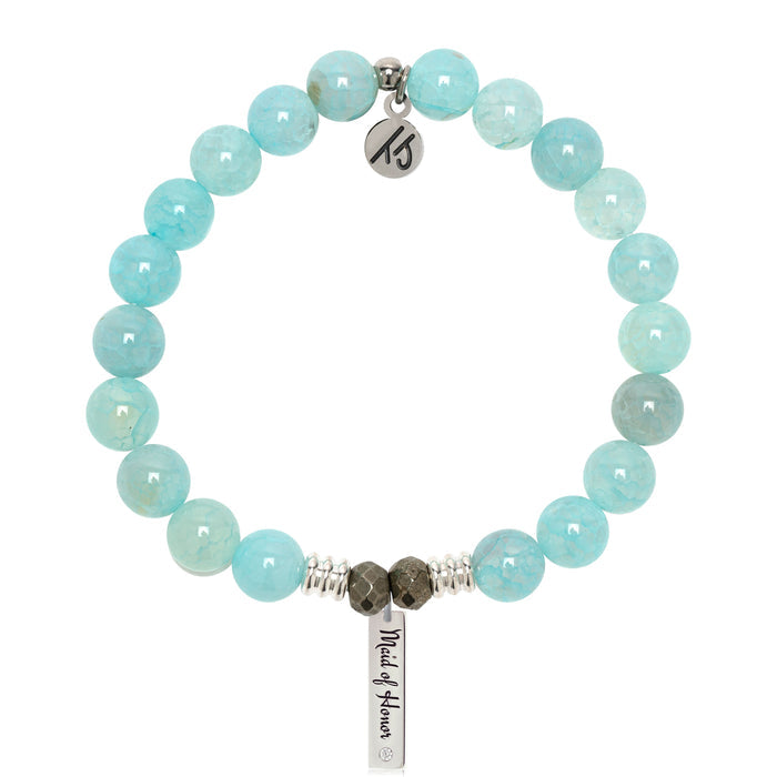 Bridal Collection: Aqua Fire Agate Gemstone Bracelet with Maid of Honor Sterling Silver Charm Bar