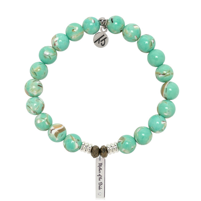 Bridal Collection: Light Green Shell Gemstone Bracelet with Mother of the Bride Sterling Silver Charm Bar