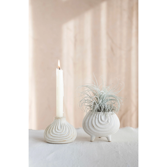 Debossed Stoneware Footed Planter, Reactive Glaze