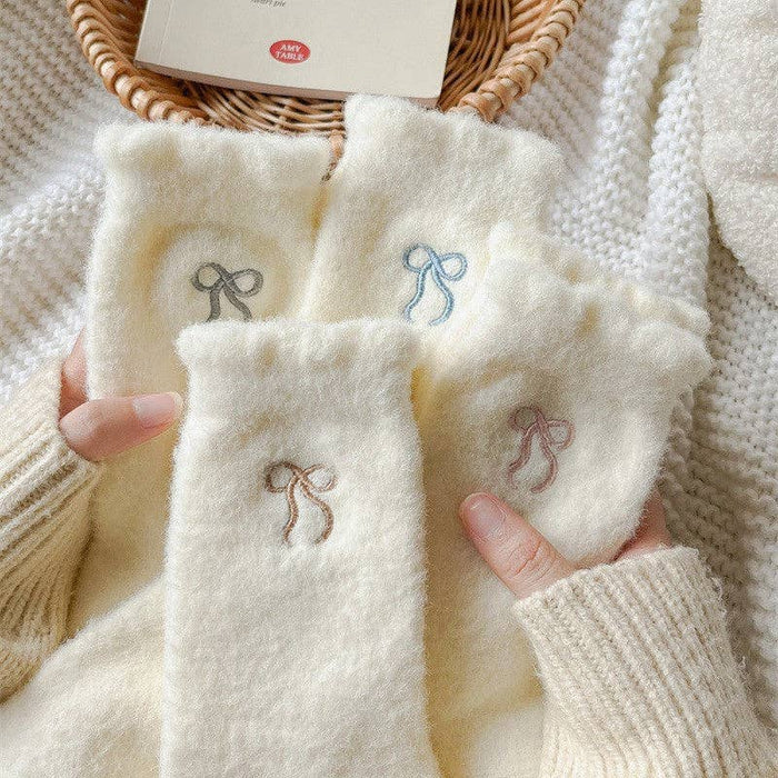 Dipped Shop - Winter Plush Solid Color Bow Embroidery Crew Socks