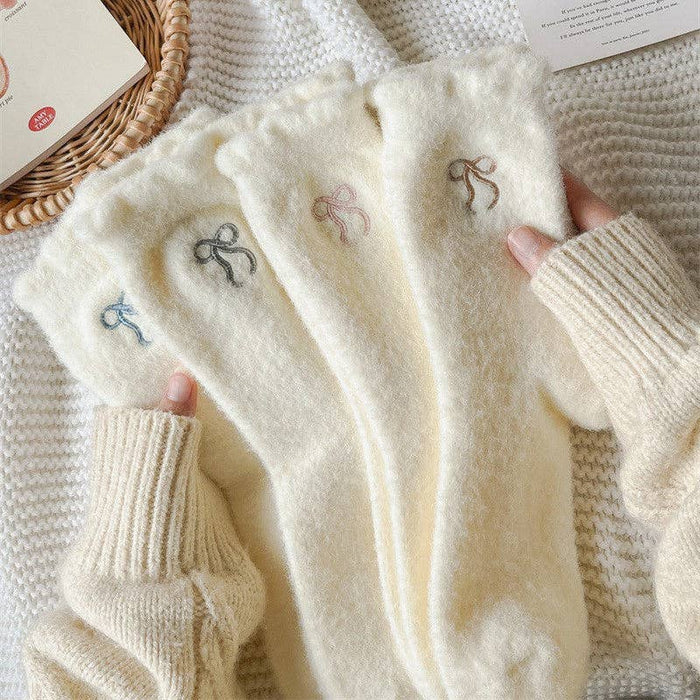 Dipped Shop - Winter Plush Solid Color Bow Embroidery Crew Socks