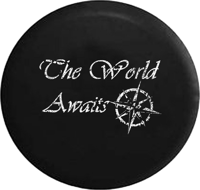 Distressed - The World Awaits Sea Compass Travel Jeep Camper Spare Tire Cover U106 35 inch