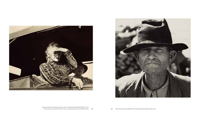 Hardcover photo book open spread with two black-and-white portraits and caption lines