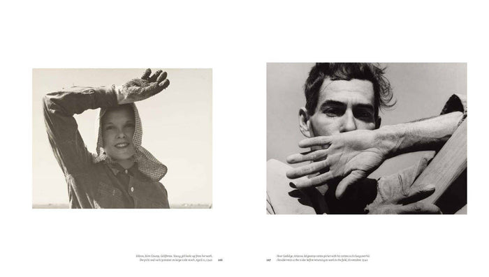 Hardcover photo book open spread with two black-and-white portraits and caption text
