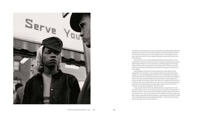 Hardcover photo book open spread with single black-and-white portrait and paragraph text