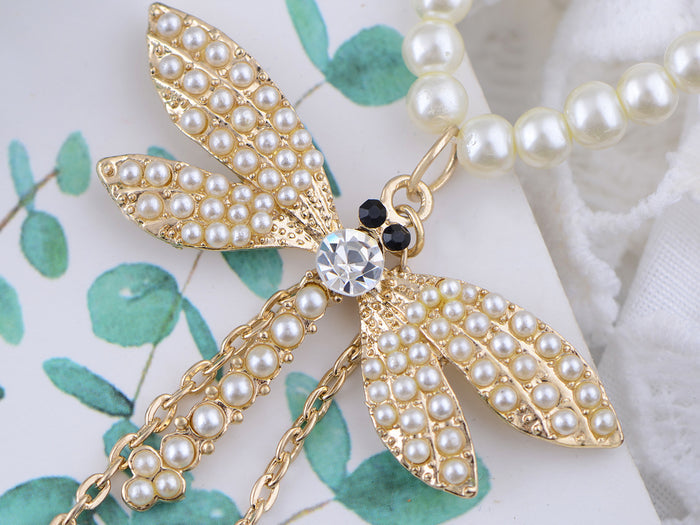 Dragonfly Pendant Necklace Pearl Bead Strand Flying Dangle Pods
