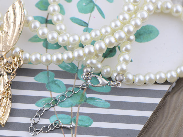 Dragonfly Pendant Necklace Pearl Bead Strand Flying Dangle Pods