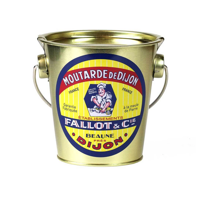 Gold tin mustard container with Dijon label, metal handles, and clear lid