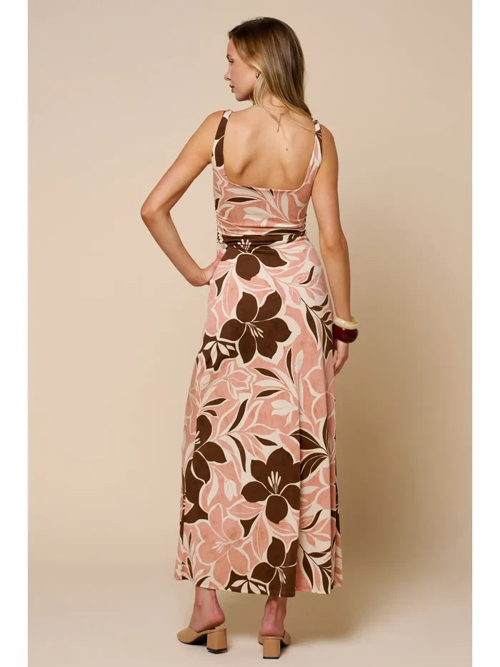 Floral Ruched Square Neck Maxi Dress