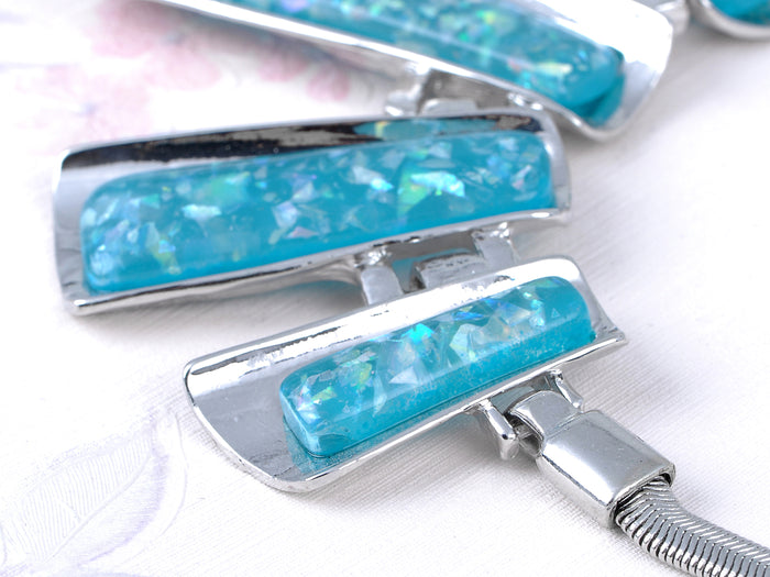 Geometric Blue Aqua Opal Abstract Shape Long Necklace Earring Set