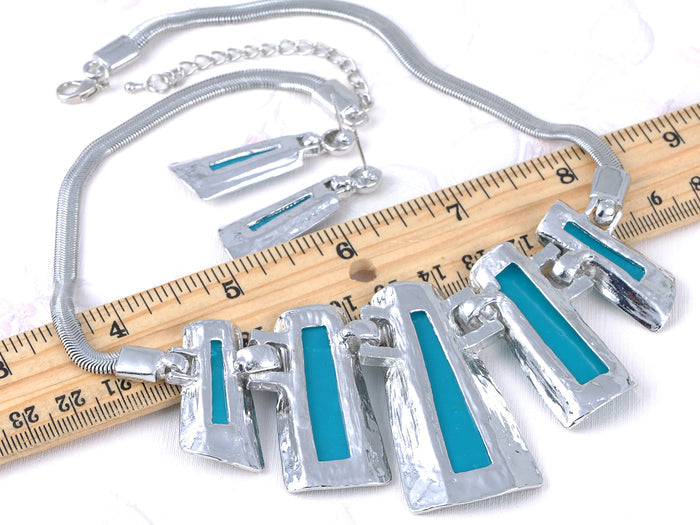 Geometric Blue Aqua Opal Abstract Shape Long Necklace Earring Set