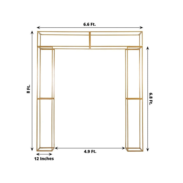Gold metal arch dimensions 6.6 ft x 8 ft x 4.9 ft x 12 inches.