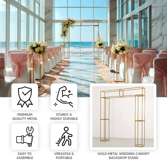 Gold metal wedding canopy backdrop stand in a stylish seaside venue.