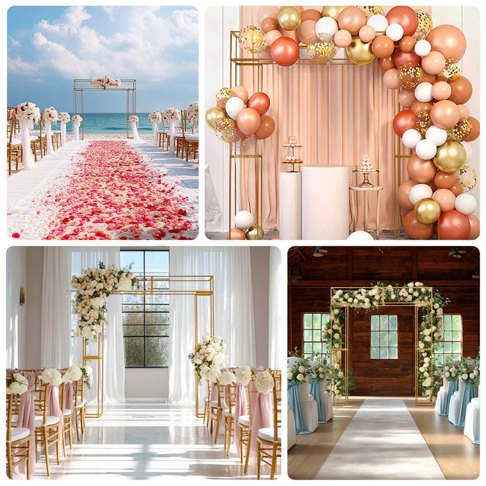 Elegant wedding venue setups featuring floral arrangements and balloon decor.