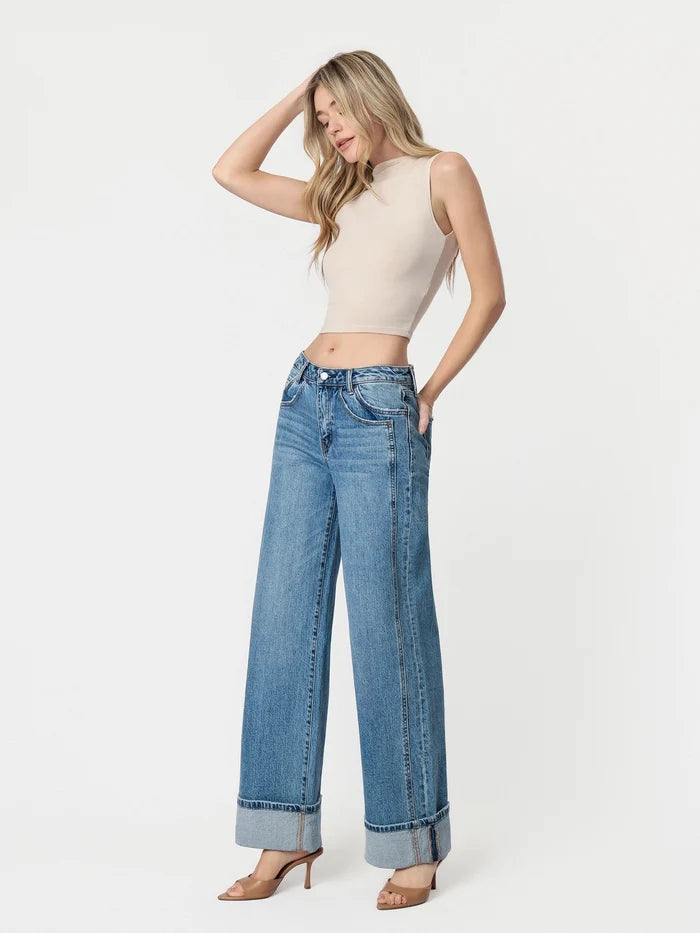 High Rise Cuffed Panel Baggy Wide Jeans | Verevt